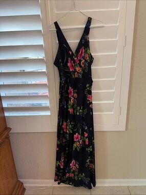 Le Lis Dark Blue Floral Maxi Dress with Pink & Green Accents